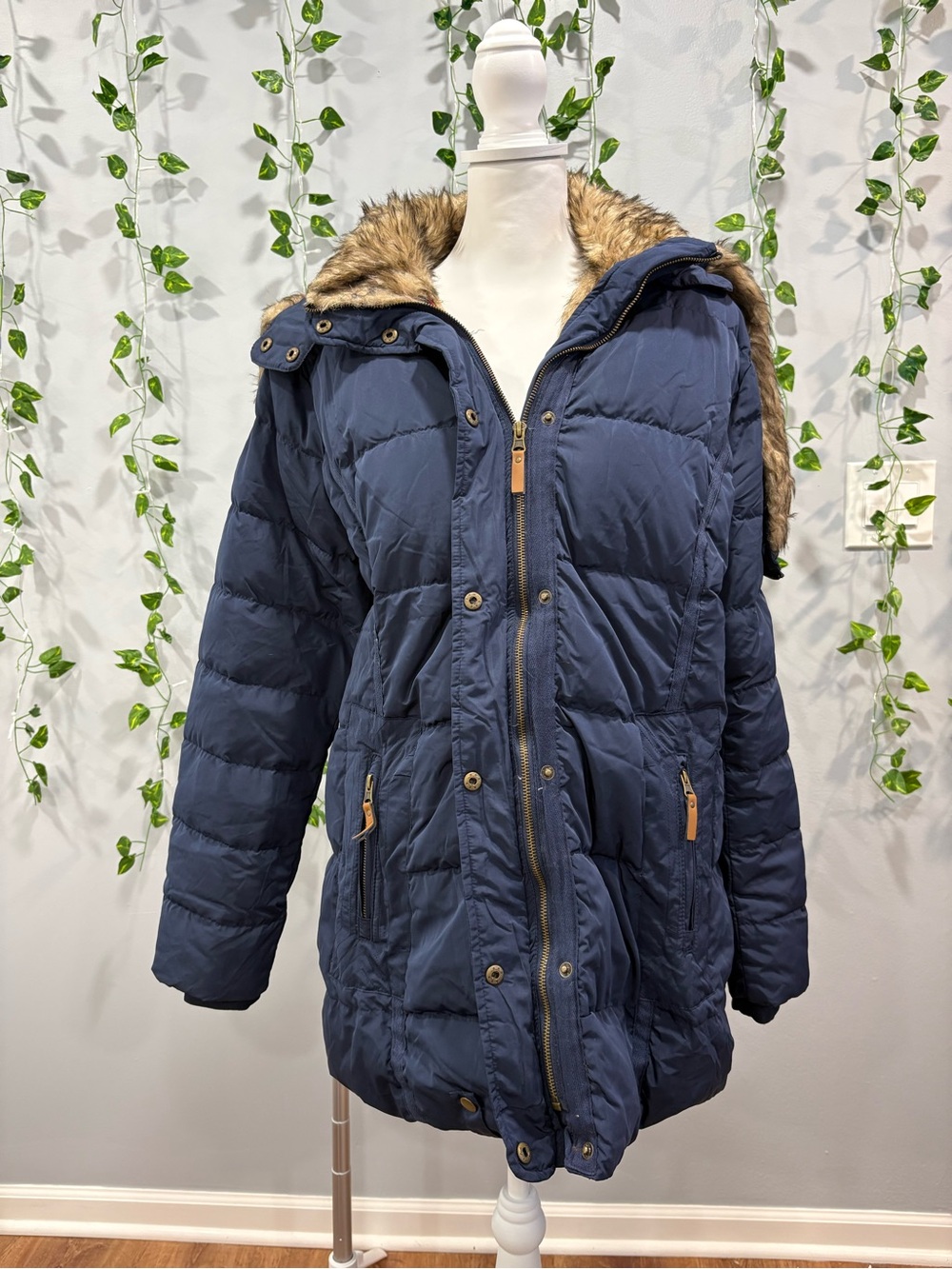 Navy Quilted Puffer Coat with Faux Fur Trim